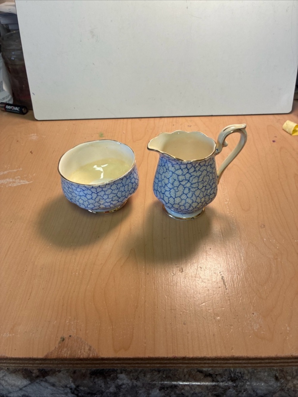 Royal Albert Blue Crackle Creamer and Sugar Bowl with Gold Trim